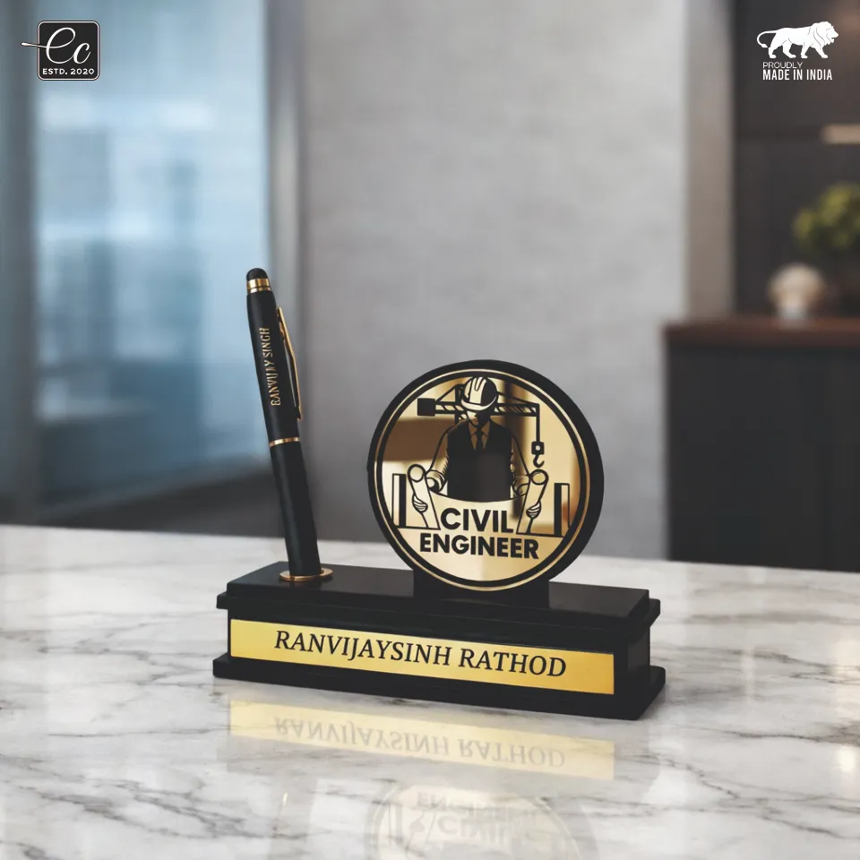 Premium Civil Engineer Theme Desk Organizer with Name & Pen Holder – Personalized